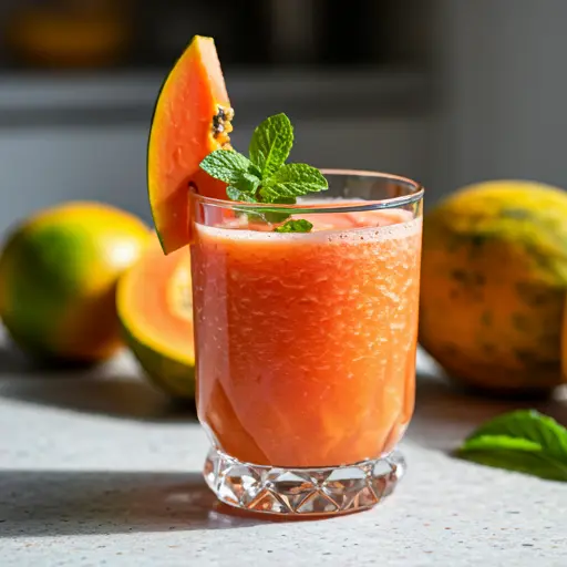 Exotic Papaya Bliss Juice : A vibrant orange papaya juice in a glass, garnished with a fresh papaya slice and a sprig of mint.