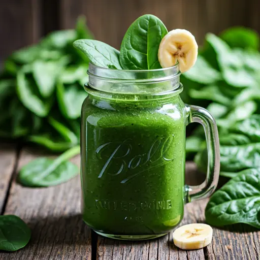 Green Glow Spinach Smoothie A creamy vibrant green spinach smoothie in a glass garnished with a banana slice and a sprinkle of chia seeds