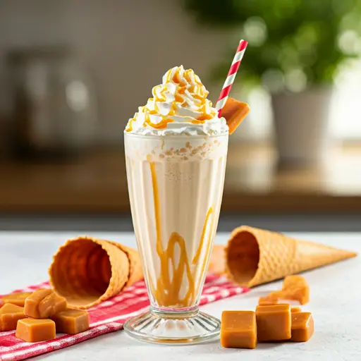 Heavenly Caramel Bliss Shake A rich caramel milkshake in a tall glass drizzled with caramel sauce and topped with whipped cream