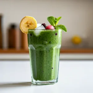 Kale Dream Smoothie A vibrant green kale smoothie in a glass topped with a kale leaf and chia seeds