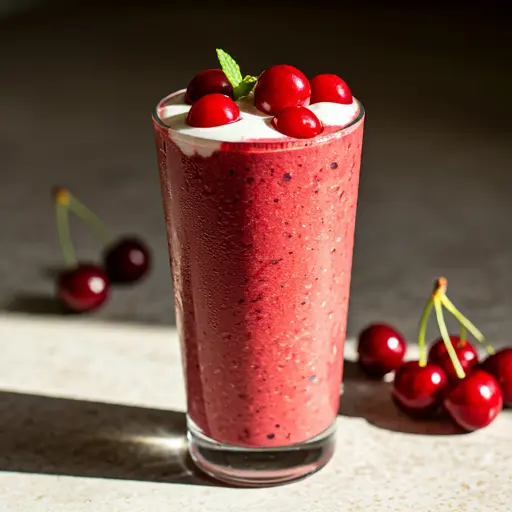 A vibrant glass of Luscious Cherry Dream Smoothie, topped with fresh cherries and a drizzle of honey.