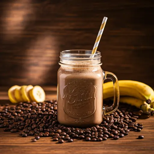 Morning Mocha Bliss Smoothie : A creamy morning mocha smoothie in a glass, topped with a dusting of cocoa powder.