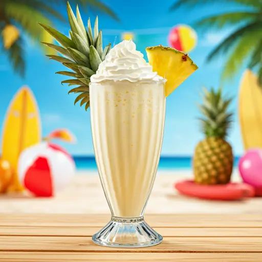 Pineapple Bliss Shake A refreshing pineapple shake in a chilled glass topped with a pineapple slice and a sprinkle of coconut flakes