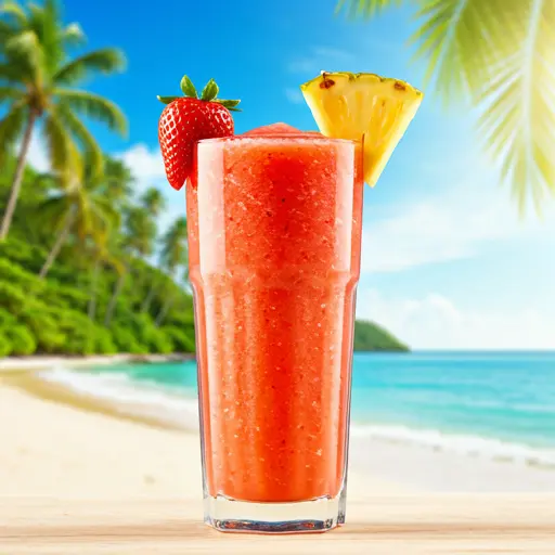 Refreshing Strawberry Pineapple Bliss A vibrant pink smoothie in a glass garnished with fresh strawberry slices and a pineapple wedge