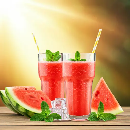 Refreshing Watermelon Bliss Smoothie A vibrant pink watermelon smoothie in a chilled glass garnished with fresh mint leaves