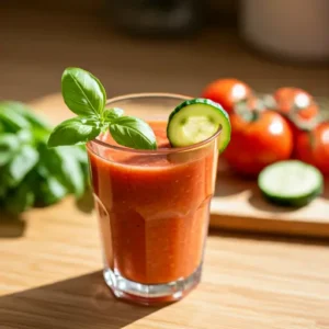 Savory Tomato Bliss Smoothie A rich and velvety tomato smoothie in a glass garnished with fresh basil and a cherry tomato