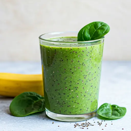 Spinach-Banana Super Smoothie : A vibrant green spinach-banana smoothie in a glass, topped with banana slices and a sprinkle of chia seeds.