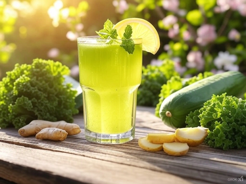 Spring Clean Juice A vibrant green juice served in a glass garnished with a sprig of fresh mint and a slice of lemon