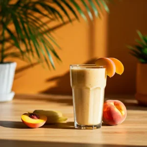 Sun-Kissed Banana Peach Smoothie : A creamy banana peach smoothie in a glass, topped with a peach slice and a sprinkle of chia seeds.