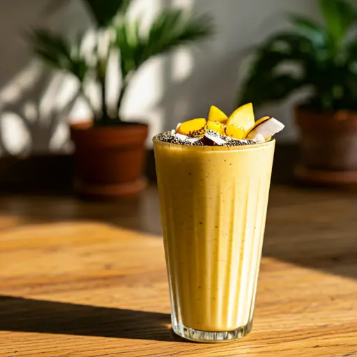 Sun Kissed Paradise Smoothie A vibrant tropical smoothie in a glass garnished with a slice of pineapple and a sprinkle of coconut flakes