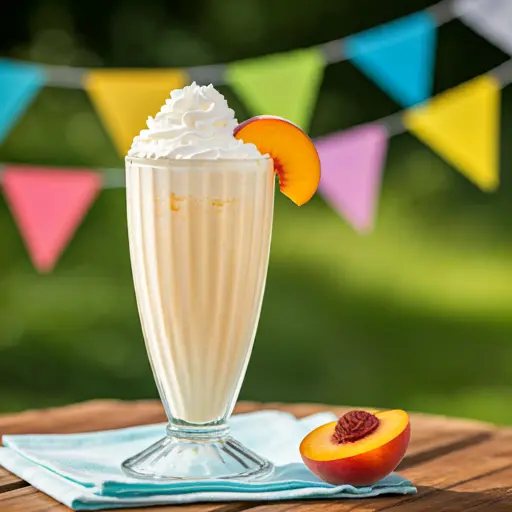 Sweet Summer Peach Milkshake : A creamy peach milkshake in a tall glass, garnished with fresh peach slices and a swirl of whipped cream.