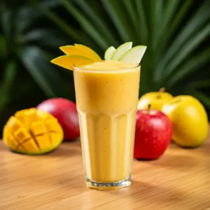 Tropical Apple Mango Smoothie A vibrant tropical smoothie with apple and mango served in a glass with a fresh fruit garnish