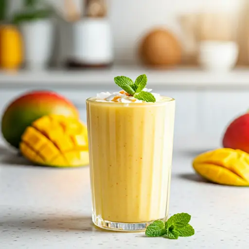 Tropical Bliss Mango Coconut Smoothie : A creamy mango coconut smoothie in a glass, garnished with shredded coconut and a mango slice.