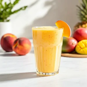 Tropical Bliss Peach Mango Smoothie : A vibrant peach mango smoothie in a glass, garnished with a peach slice and a sprinkle of coconut flakes.