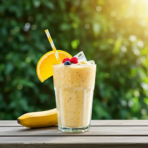 Tropical Fruity Smoothie Delight : A colorful tropical smoothie in a glass, topped with fresh fruit slices and a straw.