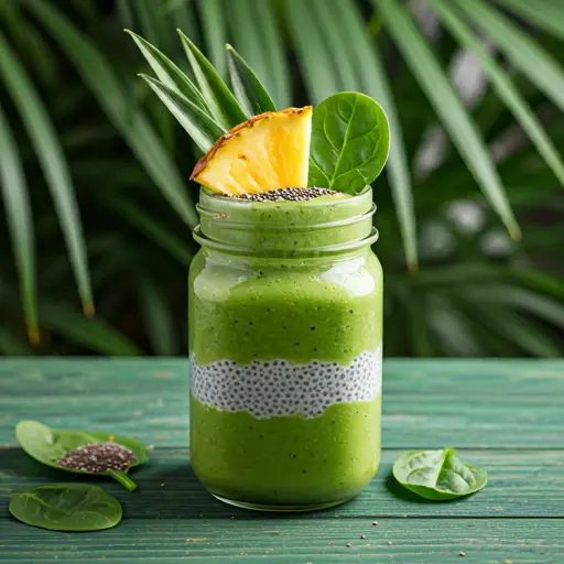 Tropical Green Pre-Workout Delight : A refreshing green smoothie in a glass, garnished with a slice of lime and fresh spinach leaves.