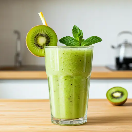 Tropical Kiwi Bliss Smoothie : A bright green kiwi smoothie in a glass, garnished with fresh kiwi slices and a mint sprig.