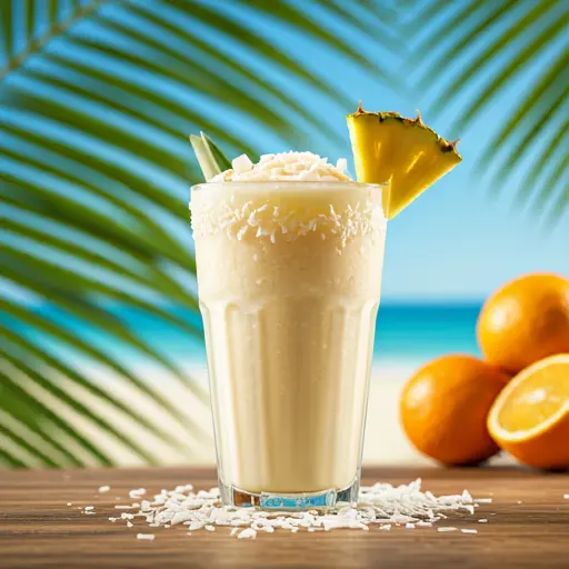 Tropical Piña Colada Bliss ز A creamy piña colada in a chilled glass, garnished with a pineapple slice and a coconut rim.