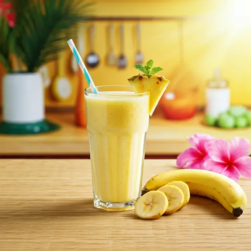 Tropical Pineapple Bliss Smoothie : A creamy pineapple smoothie in a glass, topped with a pineapple wedge and a sprinkle of coconut flakes.