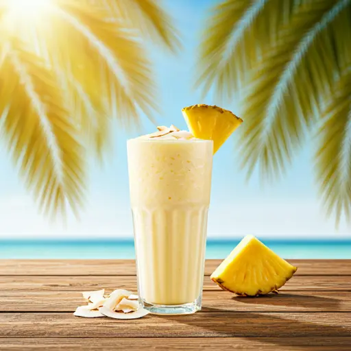 Tropical Pineapple Coconut Delight : A creamy tropical smoothie in a glass, garnished with a pineapple slice and coconut shavings.