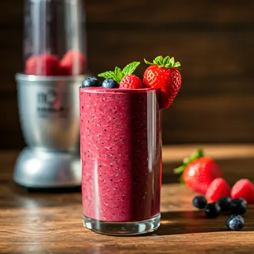 Vibrant Berry Fusion Smoothie : A rich and colorful berry smoothie in a glass, topped with fresh mixed berries.