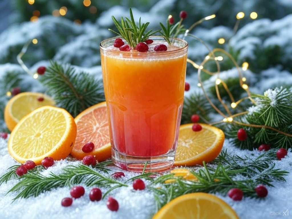 Winter Sparkle Juice A frosty glass of Winter Sparkle Juice garnished with citrus slices and pomegranate seeds