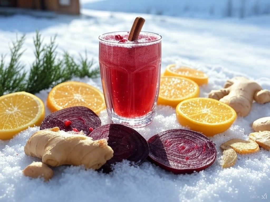 Winter Spice Immunity Booster Juice A cozy glass of Winter Spice Immunity Booster Juice garnished with cinnamon sticks and orange slices