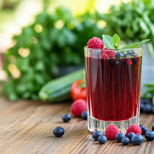 Berry Mint Elixir A refreshing berry infused elixir with hints of mint served over ice in a glass