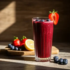 Bursting Berry Bliss Juice A vibrant berry juice blend served in a glass bursting with rich colors and fruity goodness